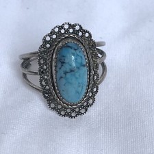 VTG Sterling 925 BEAU Oval Turquoise Filigree Triple Band Adjustable Ring Sz 6 