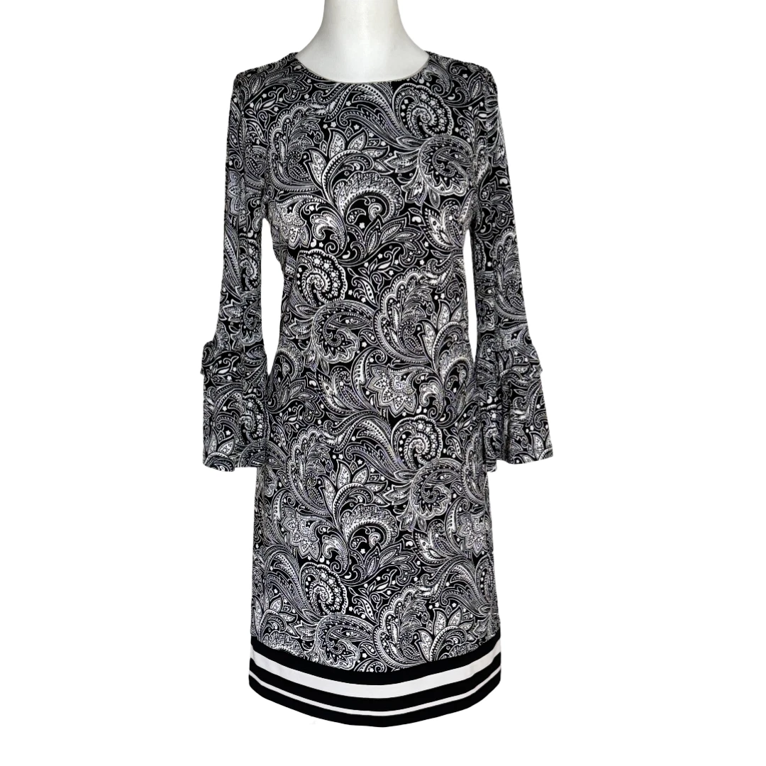 Abito Michael Kors Paisley Elasticizzato Bianco Nero Maniche 3 4 XS Extra Small