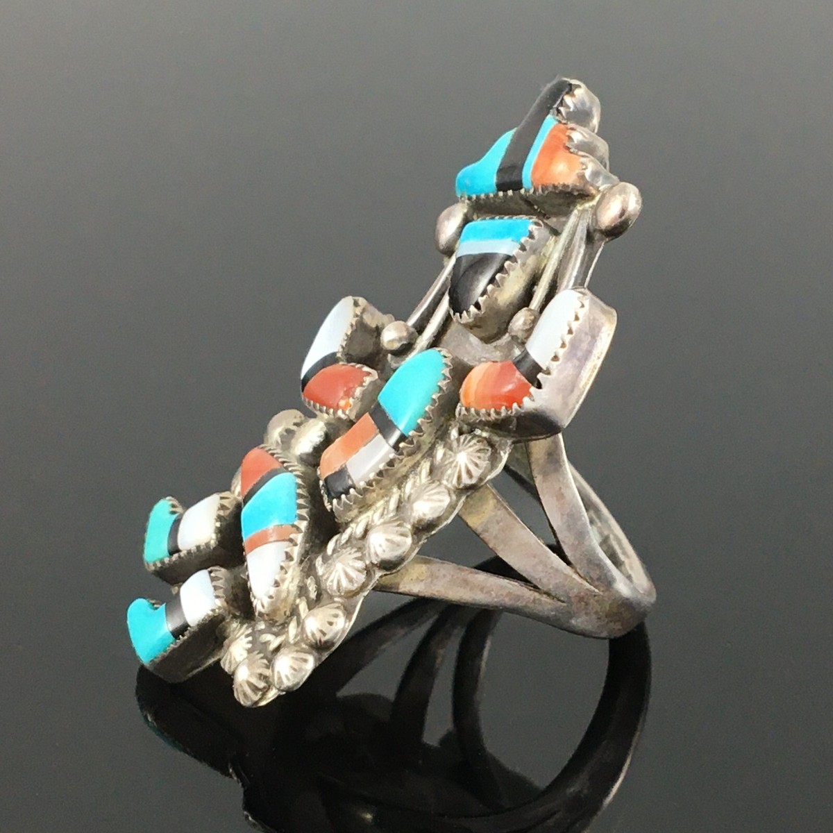 LEONARD MARTZA - NATIVE AMERICAN ZUNI SILVER MOSAIC INLAY RAINBOW