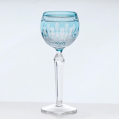Vintage Style Hand Cut To Clear Crystal Hock Wine Glass Goblet Sky Blue 7.5oz