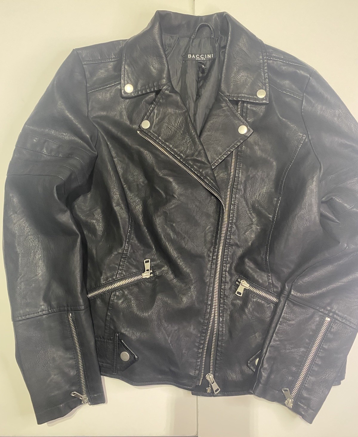 BACCINI Black Biker Jacket Women’s M Full Zip Pockets Zipper Button Accents