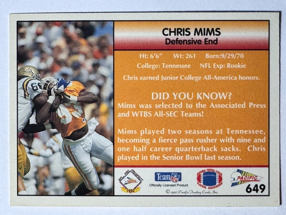 ROOKIE CARD CHRIS MIMS San Diego Chargers 1992 Pacific Football Card #649 - Image 2 of 2
