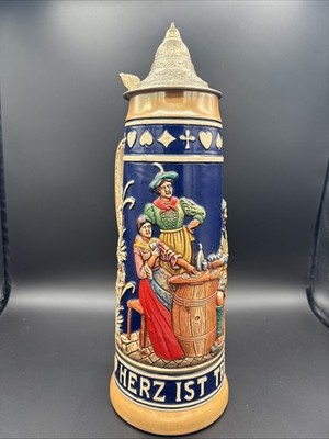 VINTAGE GERMAN BEER STEIN W/LID   HERZ IST TRUMF   15''   GERMANY
