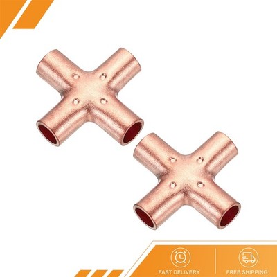 2Pcs 1/4'' ID Copper Cross Pipe Fitting 4 Way Welding End Feed Equal Connector