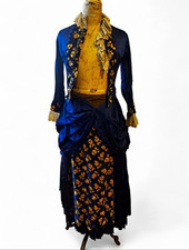 Antique Victorian 1880s  1890s Cobalt Blue Two-Piece Dress   Bodice  Skirt Lace