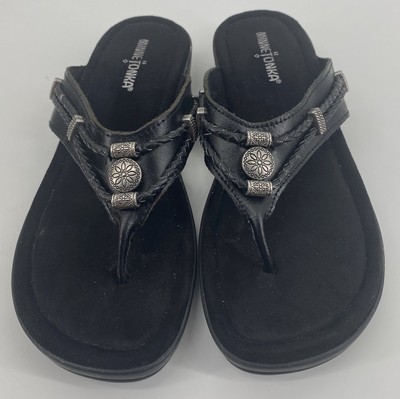 Minnetonka Womens Sandals Silverthorne Leather Flip Flop Black Silver 9 *Mint* | eBay