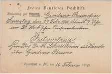 Einladung vom Freies Deutsches Hochstift zur Giordano Bruno Feier 17. 02. 1900