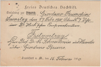 Einladung vom Freies Deutsches Hochstift zur Giordano Bruno Feier 17. 02. 1900