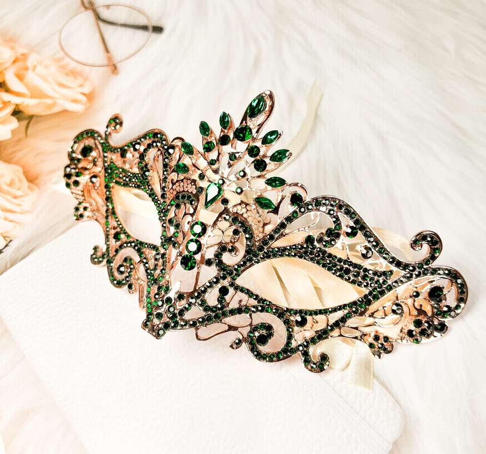 Masquerade Mask Luxury Emerald Crystal, Rhinestone Eye Mask, Elegant Party Mask - Image 2 of 4