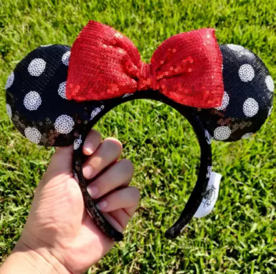 Minnie Mouse Black White Polka Dot Red Sequin Bow Disney  display picture 1