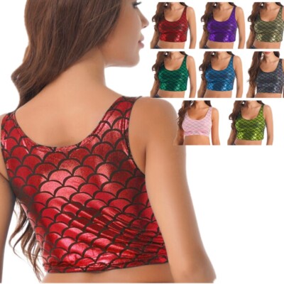 Damen glänzend Meerjungfrau Fischwaage Neckholder Riemen Rundum-BH Bikini-Tops