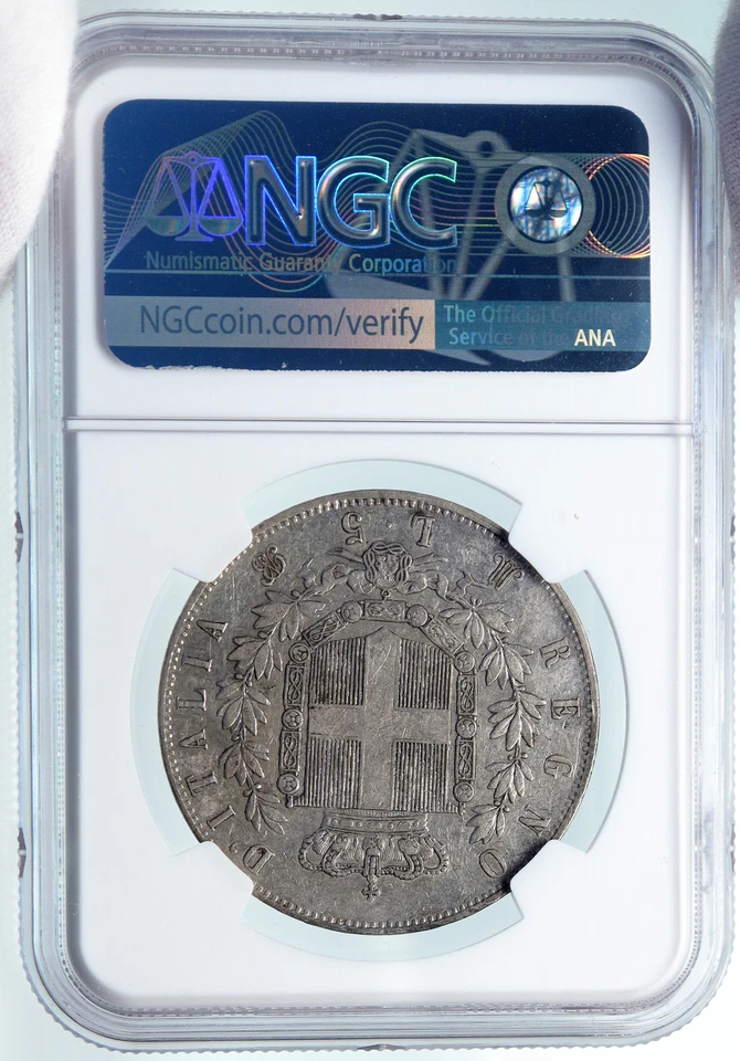 Moeda italiana antiga de prata 5 liras 1873 ITÁLIA NGC i85310 - Imagem 4 de 4