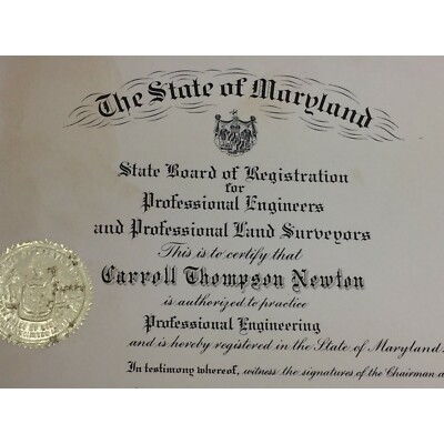 Vintage Maryland Professional Engineer Registration Certificate 1970 26287