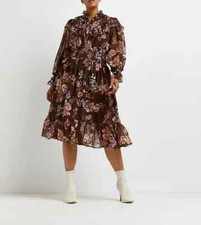 River Island Plus Brown Floral Shirred Midi Dress Size UK 18/EU 44 RRP: £68.00