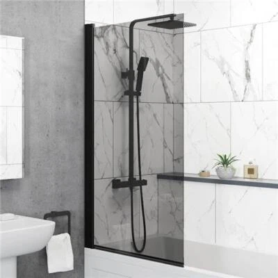 AFFINE Square Bath Shower Screen 800mm - Black Glass 6mm Glass Thickness Bathroom