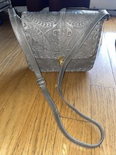 NWT Gray Tooled Leather Bag Flowers