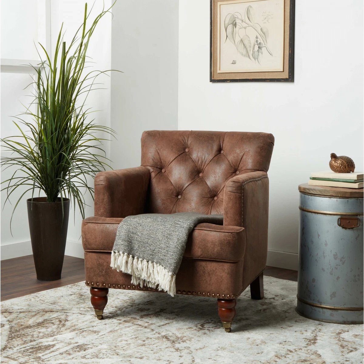 Small Wide Club Chair Brown Distressed Faux Leather Button Tufted Nailhead Trim