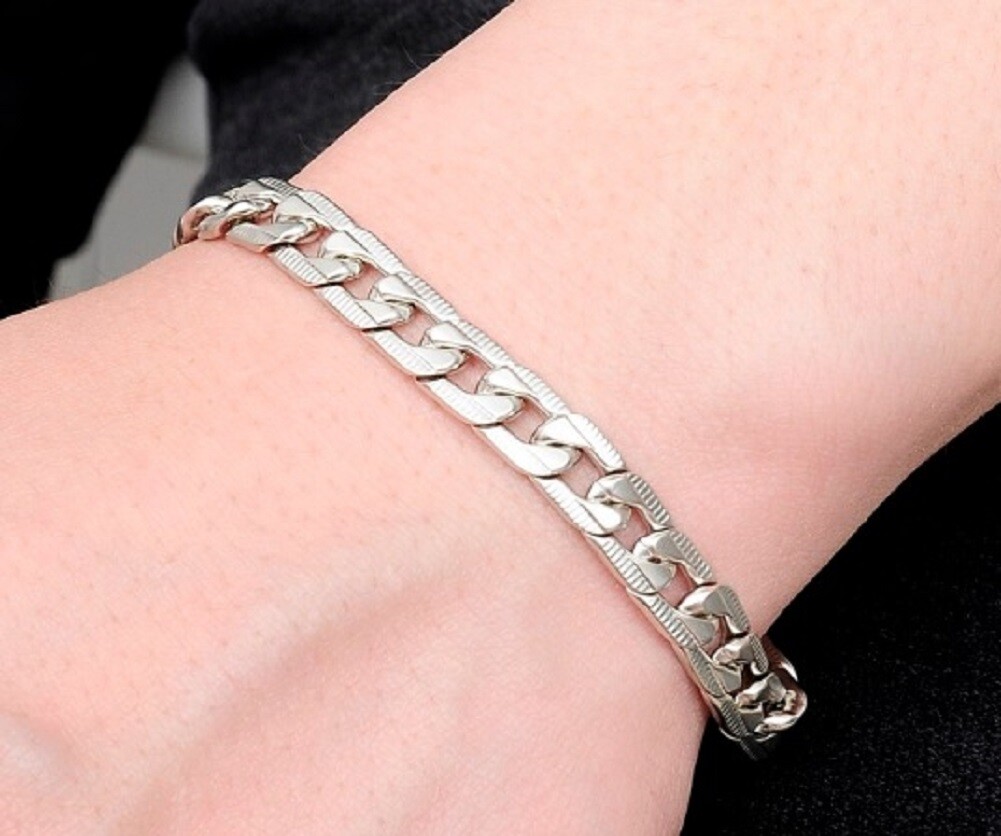 Heavy Mens 20cm 316L Silver Stainless Steel Curb Link Chain Bracelet