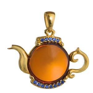 Authentic Gold Plated 925 Sterling Silver and Baltic Cherry Amber Tea Pot Pendant
