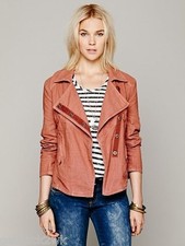 NEW Free People Size XS MOTO JACKET SHIRT TOP 148 Retail Linen Rosewood
