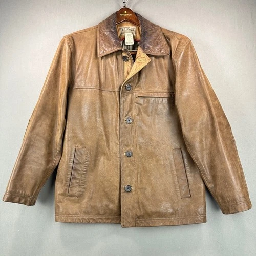 Vintage LL Bean Mens M Brown Leather Barn Jacket Distressed Heritage Workwear image 2