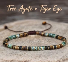 Green Spot Jasper Tiger Eye Braided Bracelet Tube Beads Healing Dainty  Bracelet