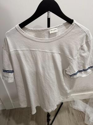 Saint Laurent Paris Distressed Script Logo Striped-Sleeve T-Shirt