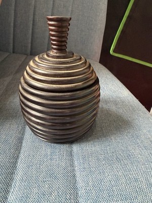 Vintage Hand-Turned Footed Wood Jar with Lid - Beehive Ribbed Carved Vessel