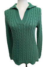 Pull Vintage Femme Vert Torsadé Col Ouvert 100% Coton - Taille S
