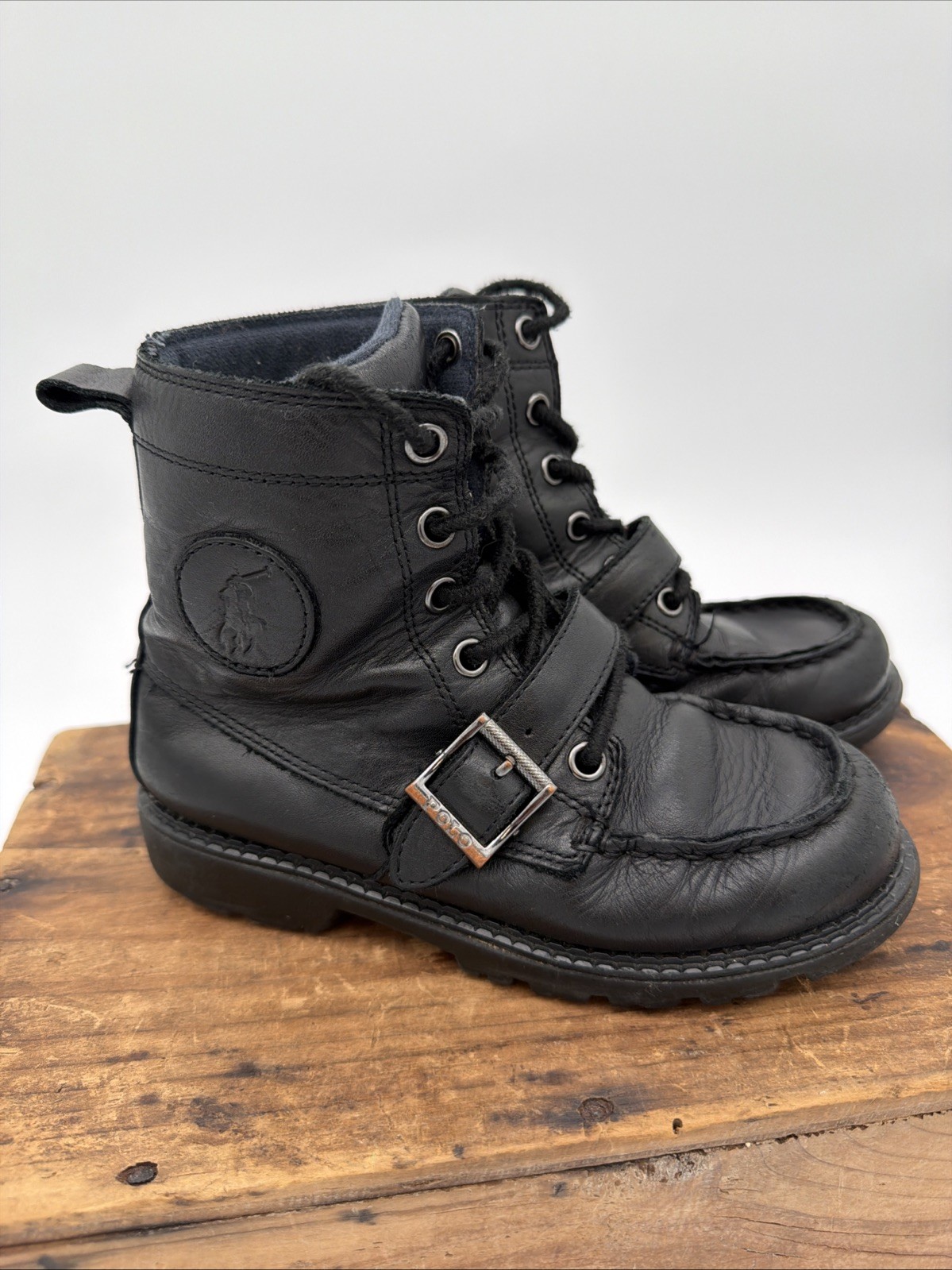 Boys Polo Ralph Lauren Ranger Hi Leather Casual Boots With Strap Size 13 Black