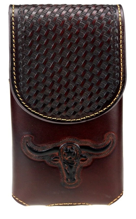 6.5" LONGHORNS LARGE WESTERN LEATHER POUCH CASE BELT LOOP HOLSTER PHONE #EH11701 - Image 2 of 4