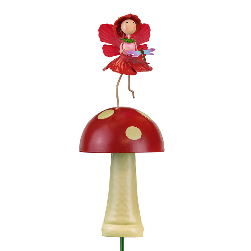 Red Flower on Toadstool Decorative Garden Stake Outdoor Metal Ornaments POPPY