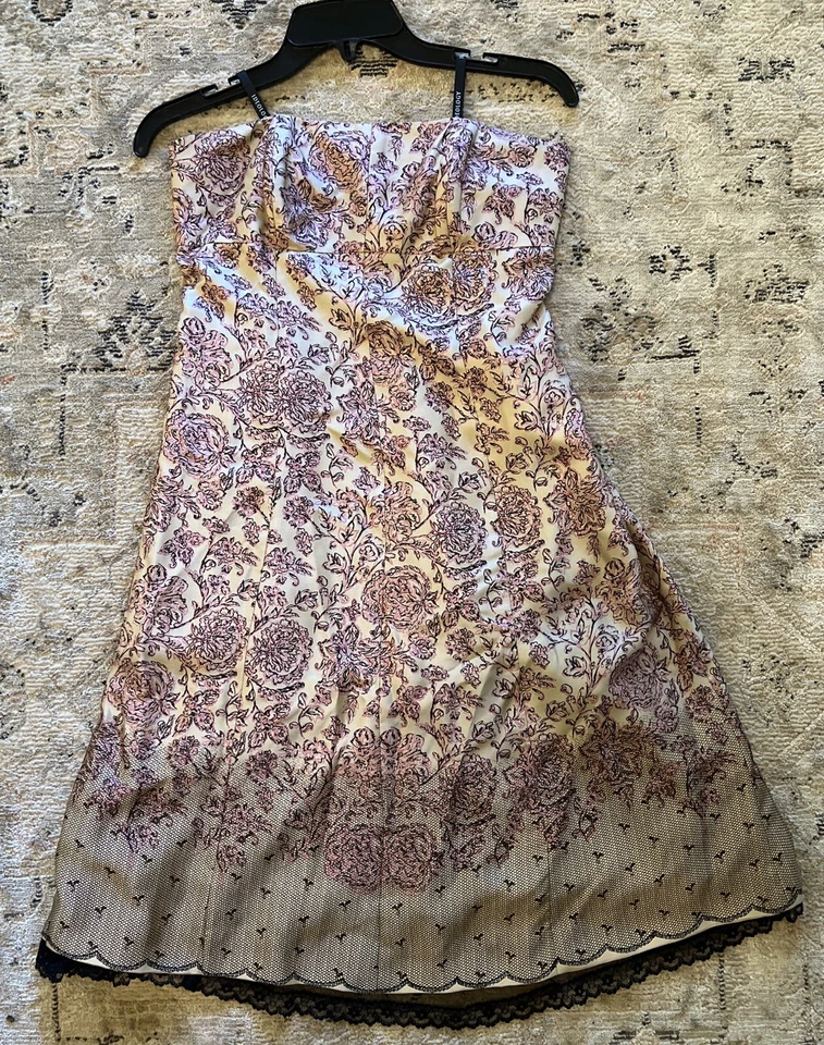 100% Silk IDEOLOGY Nude & Black Strapless Short Dress  w/Black Lace Vintage Styl - Image 2 of 4