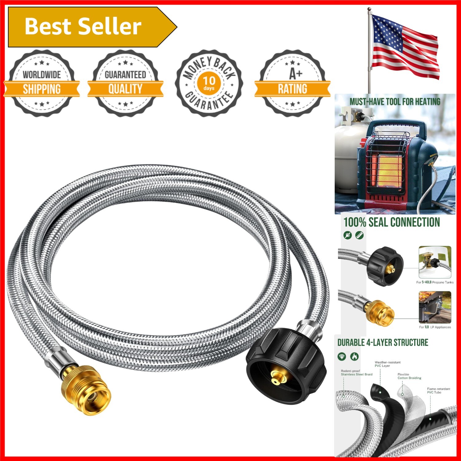 Durable 5FT Propane Tank Adapter - Convert 1lb to 20lb for Grills & Heaters