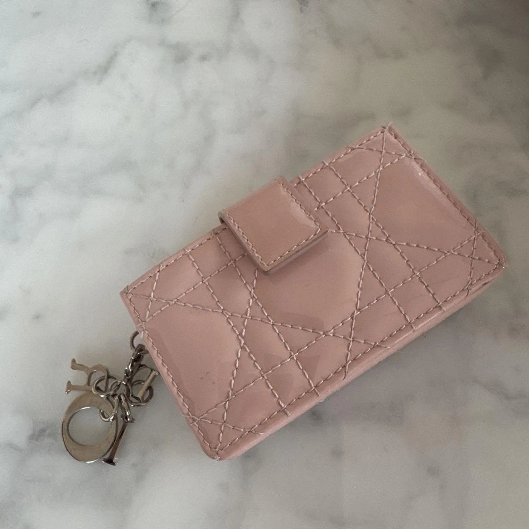 Christian Dior Porte Carte Compact Portefeuille Sac à Main Cuir matelassé Rose Auth JP