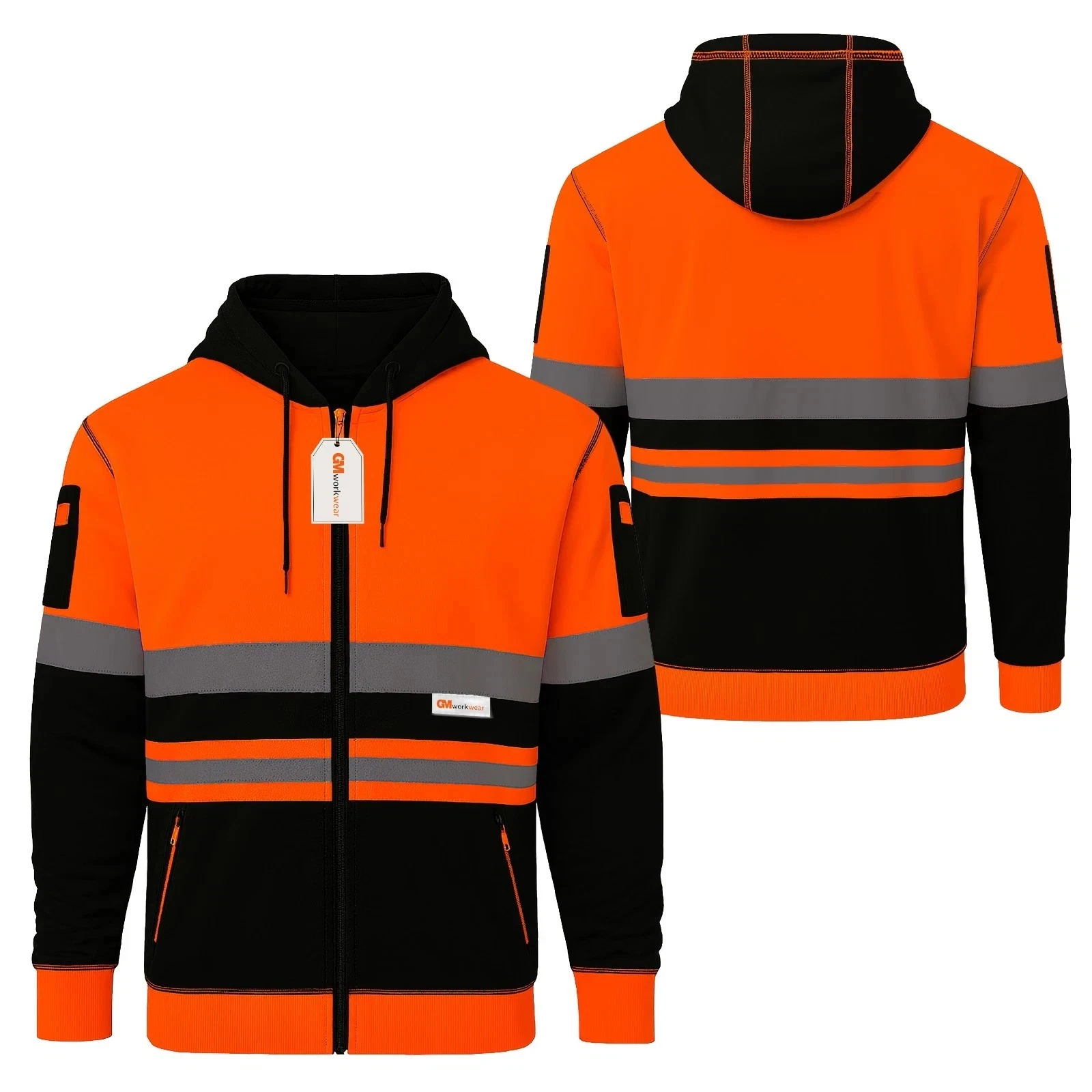 GM Workwear Hi Vis Hoodie Mens Reflective Safety Workwear Pullover Zip S-3XL