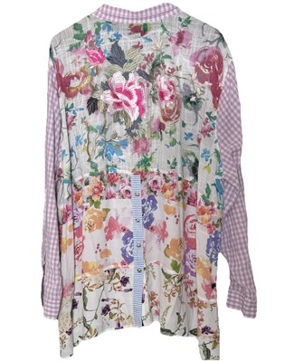 John Mark Shirt Womens 3X Blue Linen Plaid Floral Embroidered Button Up Art