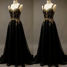 Black Women Evening Dresses With Gold Appliques A Line Chiffon Prom Gown