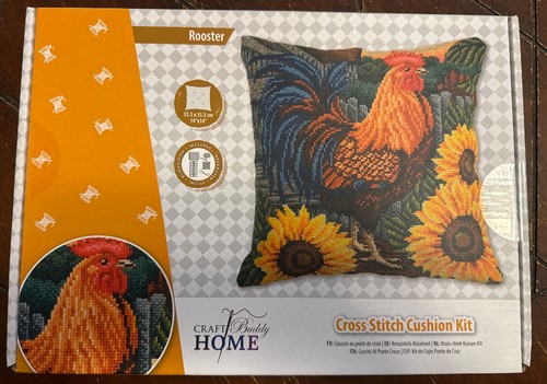 Craft Buddy Home Cross Stitch Cushion Pillow Kit Rooster Sunflowers Yellow NEW - Picture 1 of 5