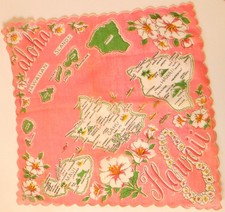 Vtg Hanky Women's Handkerchief Pink Hawaii Islands Map Tourist Souvenir 13"x13"