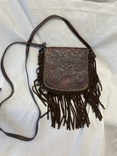 Genuine Leather Fringe Crossbody Bag W/ Artistic Tooling,Brown  Teal- Excellent