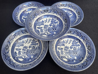 5er Set Churchill, England, 'Blue Willow' 6'' Coupe Müsli-/Dessertschalen sehr guter Zustand
