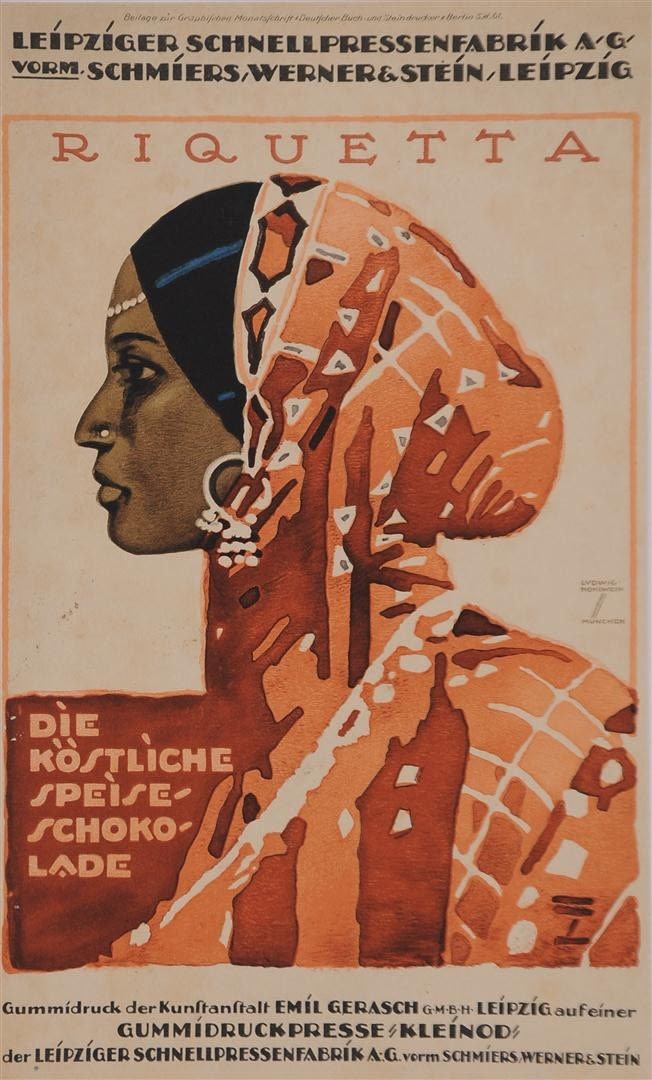 Póster alemán vintage original "RIQUETTA SCHOKOLADE" de Ludwig Hohlwein aprox. 1910