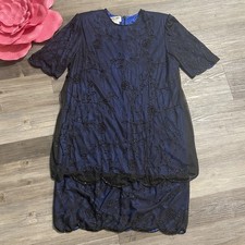 Vintage BRILLIANTE BY J.A. Sz XL Navy Beaded Sequined Dress Layer Illusion Glam
