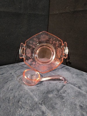 Vintage Pink Imperial Glass MOLLY Octagon Bowl & Spoon Set Frosted Flowers 