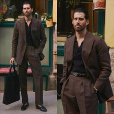 Men's Dark Brown Double Breasted Peak Lapel Party Prom Groom Tuxedo Wedding Suit