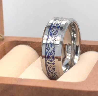 Blue Wood Celtic Dragon Inlay Band Silver Domed Tungsten Band Gift For Boyfriend