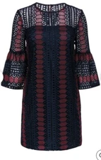 New! Trina Turk Dreamland Crochet Lace Shift Dress Sz 10 Blue Red Bell Sleeve