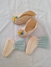 Vintage Baby or Doll Booties 2 Pairs 4 inch Blue and White /Beige Felt w/Flowers