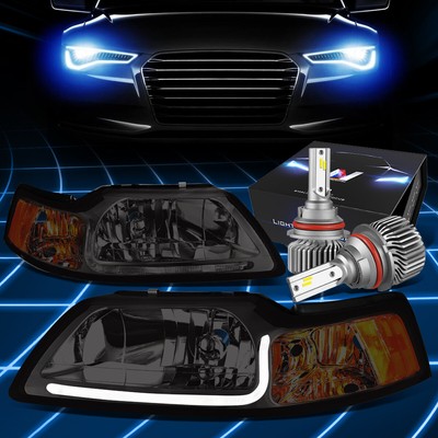 Fit 1999-2004 Mustang LED DRL Smoked/Amber Side Headlight w/LED Kit Slim Style